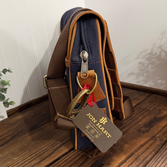 NWT Jon Hart Leather and Navy Canvas Men's Messenger Bag - Picture 2 of 6